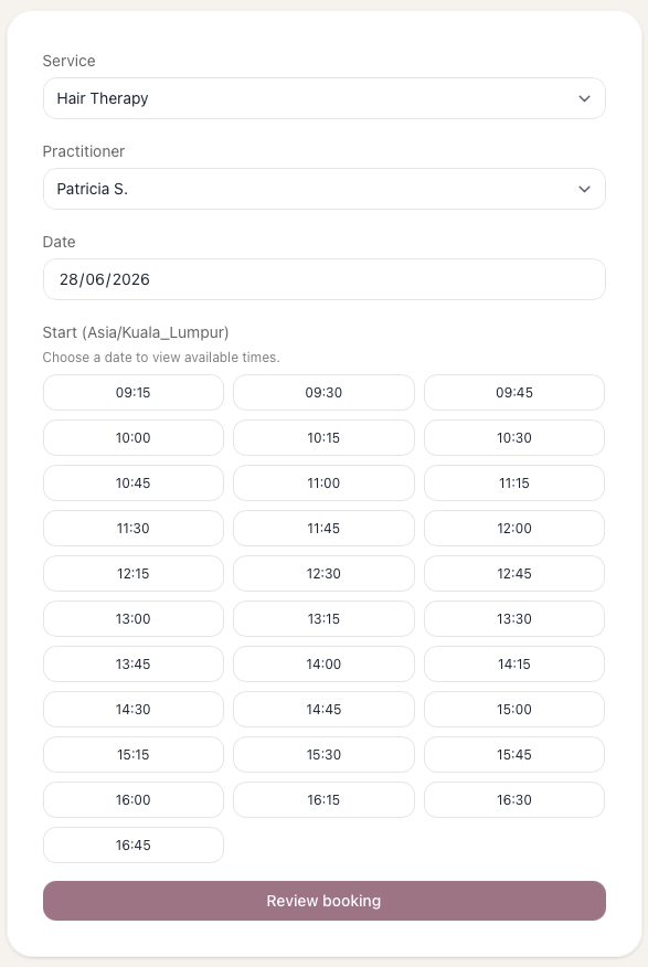 BeFresha online booking widget for selecting service, practitioner, date, and time