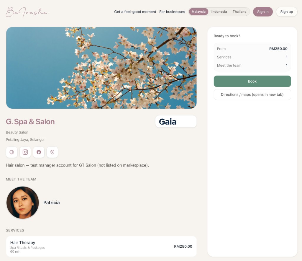 BeFresha salon profile page with business details, team, services, and booking summary