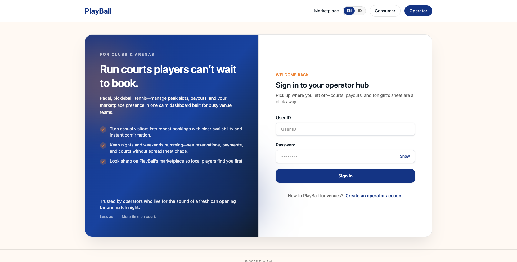 PlayBall operator sign-in page for court booking management