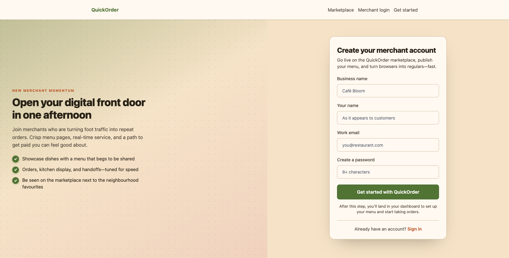 QuickOrder merchant registration page for local food ordering