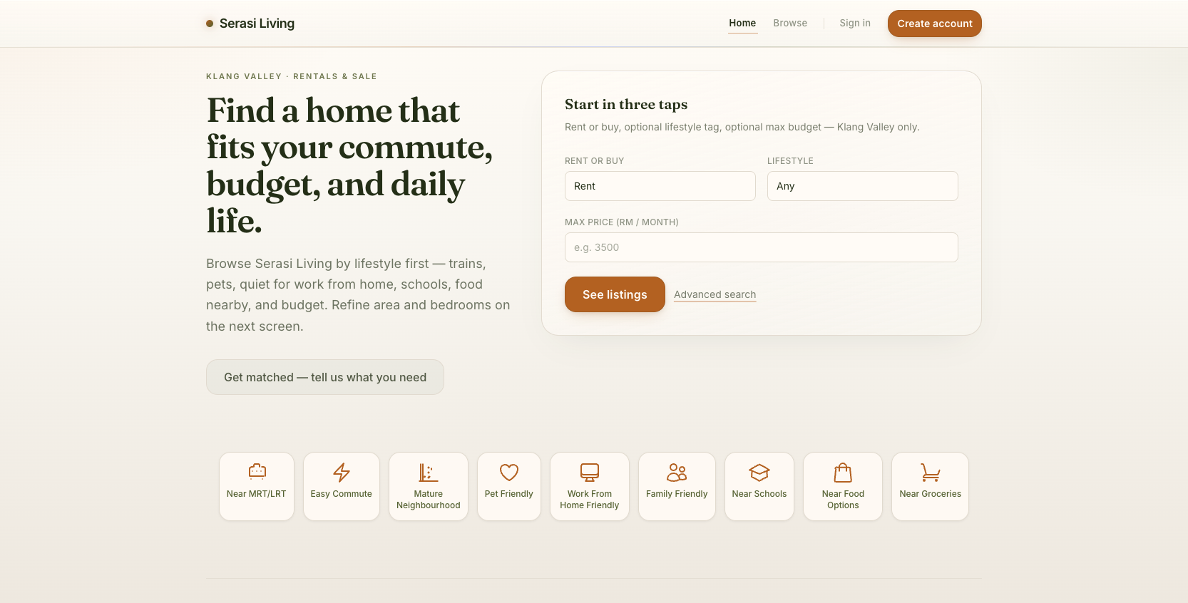 Serasi Living homepage with lifestyle-led property search for Klang Valley